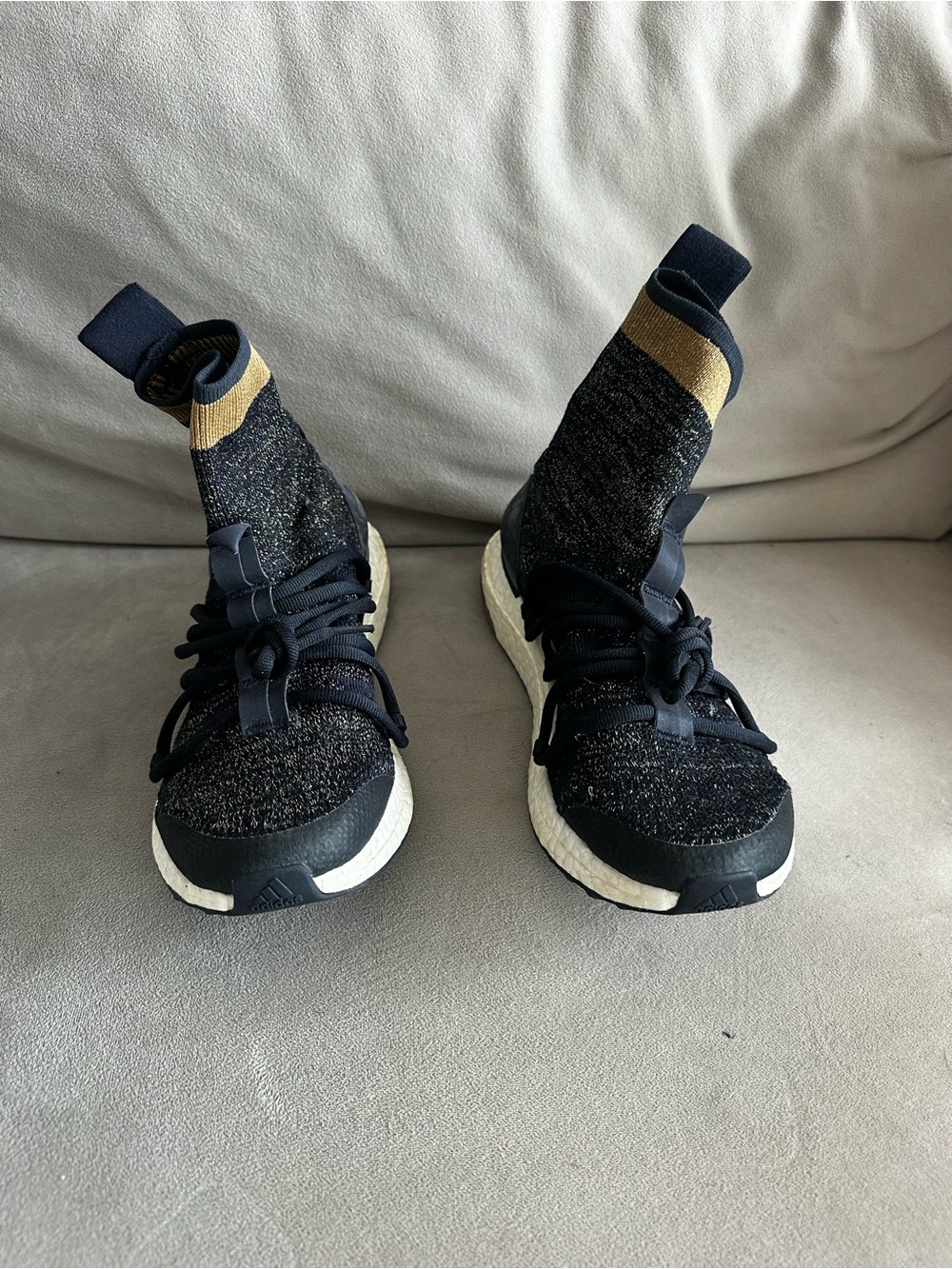 Stella McCartney Black Knit Sock Sneakers with Gold Accent